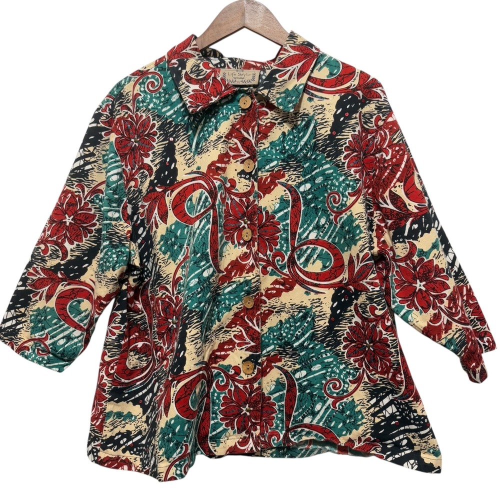 VTG Life Style‎ Woman Jacket 3X Multicolor Floral Batik Cotton Retro 80s Shacket
